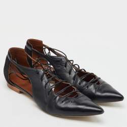 Malone Souliers Black Leather and Suede Montana Lace Up Pointed Toe Flats Size 40.5