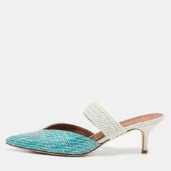 Pre Owned Malone Souliers Blue Woven Raffia and Fabric Maisie Heel Mules Size 39.5