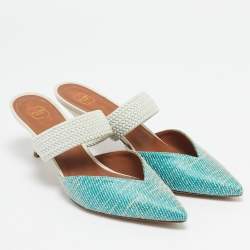 Pre Owned Malone Souliers Blue Woven Raffia and Fabric Maisie Heel Mules Size 39.5