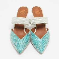 Pre Owned Malone Souliers Blue Woven Raffia and Fabric Maisie Heel Mules Size 39.5