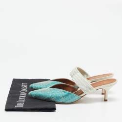 Pre Owned Malone Souliers Blue Woven Raffia and Fabric Maisie Heel Mules Size 39.5