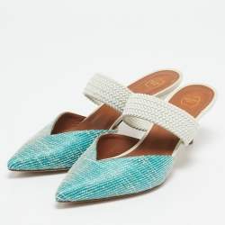 Pre Owned Malone Souliers Blue Woven Raffia and Fabric Maisie Heel Mules Size 39.5