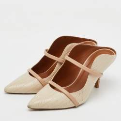 Pre Owned Malone Souliers Off White/Beige Woven Leather Maureen Pointed Toe Mules Size 38