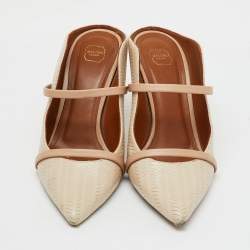 Pre Owned Malone Souliers Off White/Beige Woven Leather Maureen Pointed Toe Mules Size 38