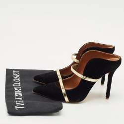 Pre Owned Malone Souliers Black/Gold Velvet and Leather Maureen Pointed Toe Mules Size 38