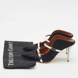Malone Souliers Navy Blue Lurex Fabric Maureen Heel Mules Size 37