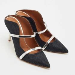 Malone Souliers Navy Blue Lurex Fabric Maureen Heel Mules Size 37