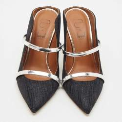 Malone Souliers Navy Blue Lurex Fabric Maureen Heel Mules Size 37