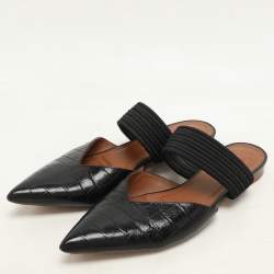 Pre Owned Malone Souliers Black Croc Embossed Leather and Canvas  Maisie mule Flats Size 40.5