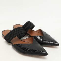 Pre Owned Malone Souliers Black Croc Embossed Leather and Canvas  Maisie mule Flats Size 40.5