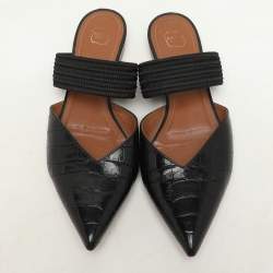 Pre Owned Malone Souliers Black Croc Embossed Leather and Canvas  Maisie mule Flats Size 40.5