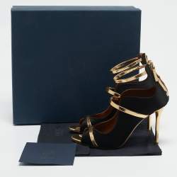 Malone Souliers Black/Gold Satin and Leather Mika Ankle Strap Sandals Size 37.5