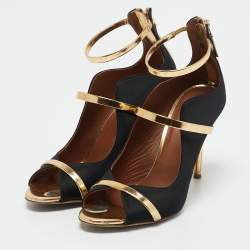 Malone Souliers Black/Gold Satin and Leather Mika Ankle Strap Sandals Size 37.5