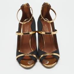 Malone Souliers Black/Gold Satin and Leather Mika Ankle Strap Sandals Size 37.5