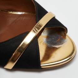 Malone Souliers Black/Gold Satin and Leather Mika Ankle Strap Sandals Size 37.5