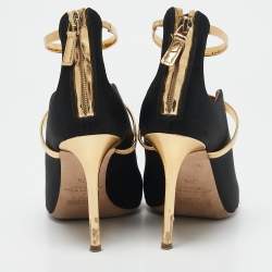 Malone Souliers Black/Gold Satin and Leather Mika Ankle Strap Sandals Size 37.5