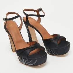 Malone Souliers Black Satin Crystal Embellished Platform Keaton Ankle Strap Sandals Size 42