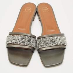 Malone Souliers Metallic Grey/Silver Leather And Fabric Demi Flat Slides Size 41