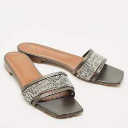Malone Souliers Metallic Grey/Silver Leather And Fabric Demi Flat Slides Size 41