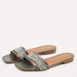 Malone Souliers Metallic Grey/Silver Leather And Fabric Demi Flat Slides Size 41