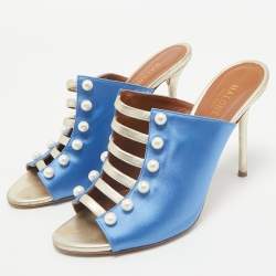 Malone Souliers Blue/Gold Satin and Leather Zada Mules Size 40
