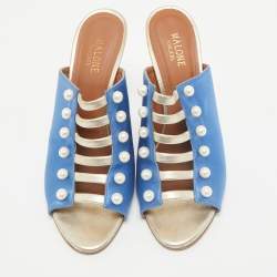 Malone Souliers Blue/Gold Satin and Leather Zada Mules Size 40