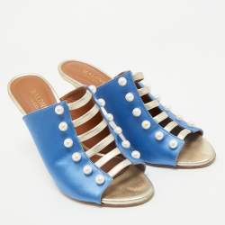 Malone Souliers Blue/Gold Satin and Leather Zada Mules Size 40