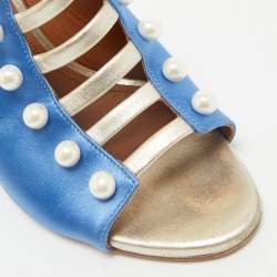 Malone Souliers Blue/Gold Satin and Leather Zada Mules Size 40