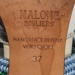 Malone Souliers Silver/Blue Metallic Leather and Stretch Band Maisie Mules 37