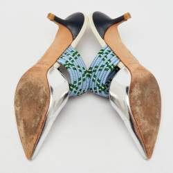 Malone Souliers Silver/Blue Metallic Leather and Stretch Band Maisie Mules 37