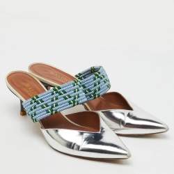 Malone Souliers Silver/Blue Metallic Leather and Stretch Band Maisie Mules 37