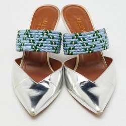 Malone Souliers Silver/Blue Metallic Leather and Stretch Band Maisie Mules 37