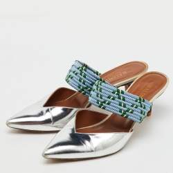 Malone Souliers Silver/Blue Metallic Leather and Stretch Band Maisie Mules 37