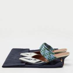Malone Souliers Silver/Blue Metallic Leather and Stretch Band Maisie Mules 37
