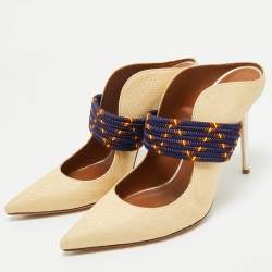 Malone Souliers Beige/Navy Blue Raffia and Cord Mara Pointed Toe Mules Size 40