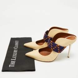 Malone Souliers Beige/Navy Blue Raffia and Cord Mara Pointed Toe Mules Size 40