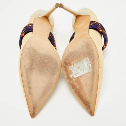 Malone Souliers Beige/Navy Blue Raffia and Cord Mara Pointed Toe Mules Size 40