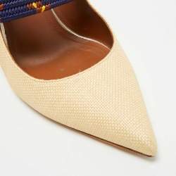 Malone Souliers Beige/Navy Blue Raffia and Cord Mara Pointed Toe Mules Size 40