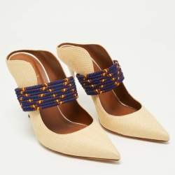 Malone Souliers Beige/Navy Blue Raffia and Cord Mara Pointed Toe Mules Size 40