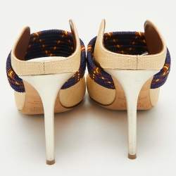 Malone Souliers Beige/Navy Blue Raffia and Cord Mara Pointed Toe Mules Size 40