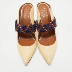 Malone Souliers Beige/Navy Blue Raffia and Cord Mara Pointed Toe Mules Size 40