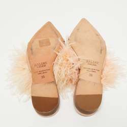 Pre Owned Malone Souliers Metallic Leather and Feather Pointed Toe Flat Mules Size 35