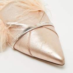 Pre Owned Malone Souliers Metallic Leather and Feather Pointed Toe Flat Mules Size 35