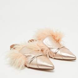 Pre Owned Malone Souliers Metallic Leather and Feather Pointed Toe Flat Mules Size 35