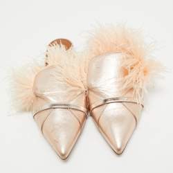 Pre Owned Malone Souliers Metallic Leather and Feather Pointed Toe Flat Mules Size 35
