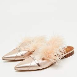 Pre Owned Malone Souliers Metallic Leather and Feather Pointed Toe Flat Mules Size 35