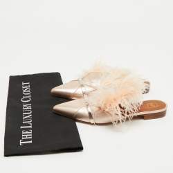 Pre Owned Malone Souliers Metallic Leather and Feather Pointed Toe Flat Mules Size 35