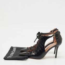 Pre Owned Malone Souliers Black Croc Embossed Leather Montana Lace Up Pumps Size 41