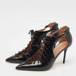 Pre Owned Malone Souliers Black Croc Embossed Leather Montana Lace Up Pumps Size 41