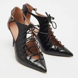 Pre Owned Malone Souliers Black Croc Embossed Leather Montana Lace Up Pumps Size 41